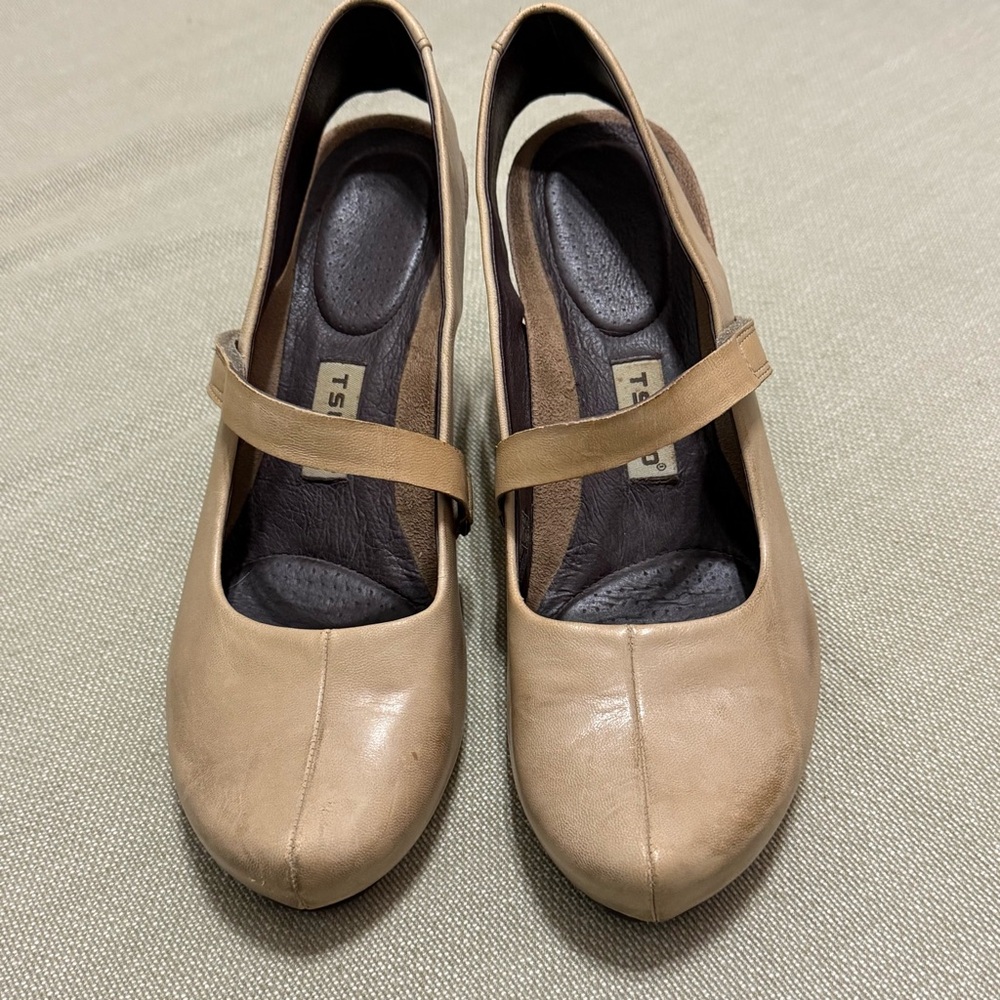TSUBO Tan Leather 3" High Heel Sling-backs, Suede Heels Sz. 8